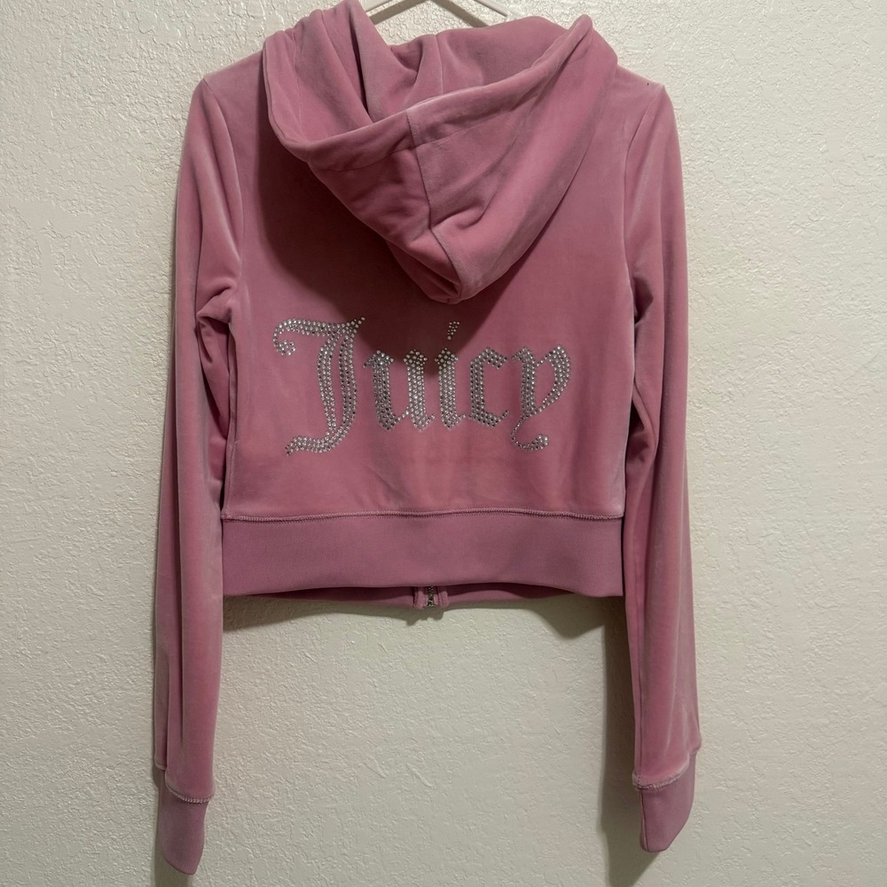 Juicy Couture Pink Velour Rhinestone Logo Zip Up Hoodie XS RN114186 Y2K Cropped‎ - Picture 6 of 12